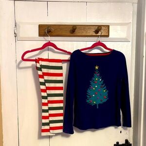 Mini Boden Blue Christmas Tree top and leggings Size 9-10
